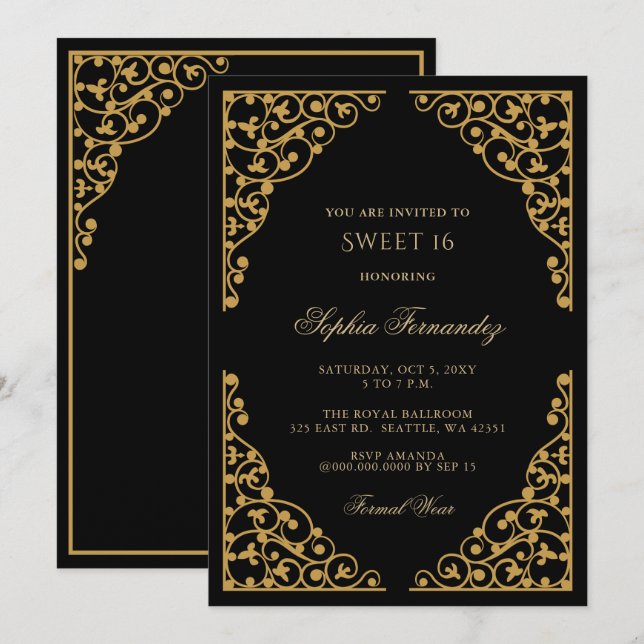 Elegantes Schwarz und Gold Sweet 16 Einladung (Vorne/Hinten)