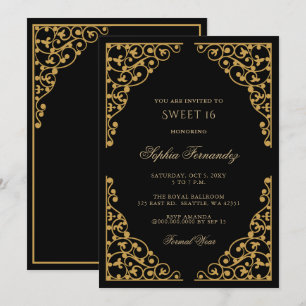 Elegantes Schwarz und Gold Sweet 16 Einladung
