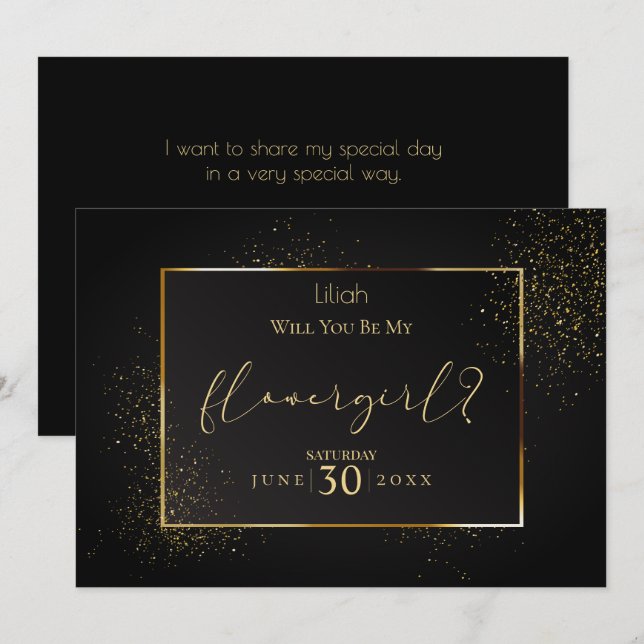 Elegantes Schwarz und Gold werden Sie mein Blumenm Einladung (Vorne/Hinten)