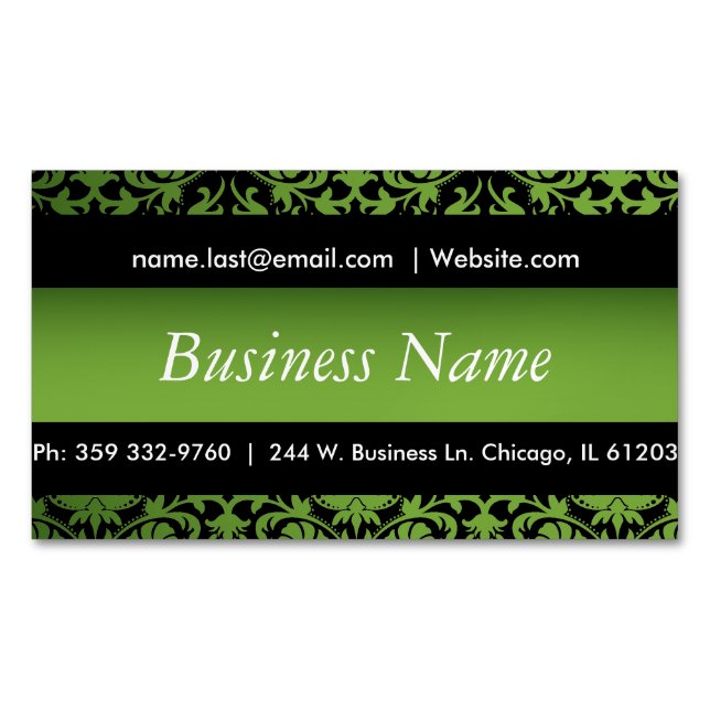 Elegantes Schwarz- und Peridot-Green Damask-Design Magnetische Visitenkarte (Vorderseite)