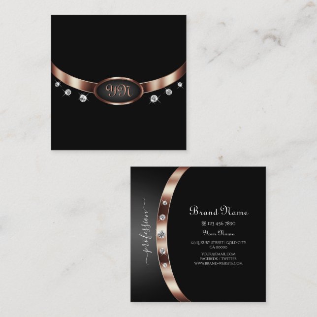 Elegantes Schwarz und Rose Gold mit Monogram Diamo Quadratische Visitenkarte (Vorne/Hinten)