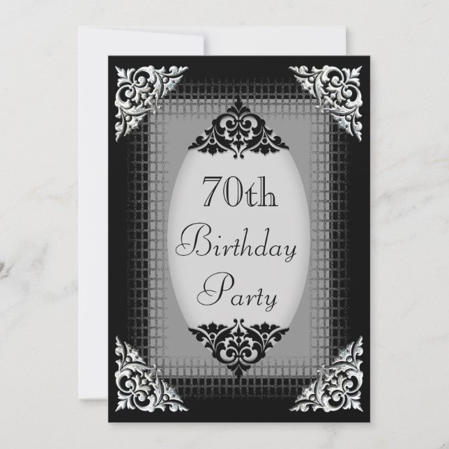 Elegantes Schwarz und Silber 70. Geburtstag Einladung (Vorderseite)