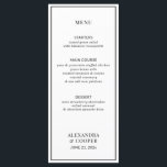 Elegantes Schwarz und Weiß Menükarte<br><div class="desc">Ein elegantes,  in Schwarz und Weiß gestaltetes Menü eignet sich perfekt für eine klassische oder minimalistische Hochzeit. Personalisieren Sie einfach Text und Details. Entspricht den Gegenständen in der modernen Black and White Wedding Suite.</div>