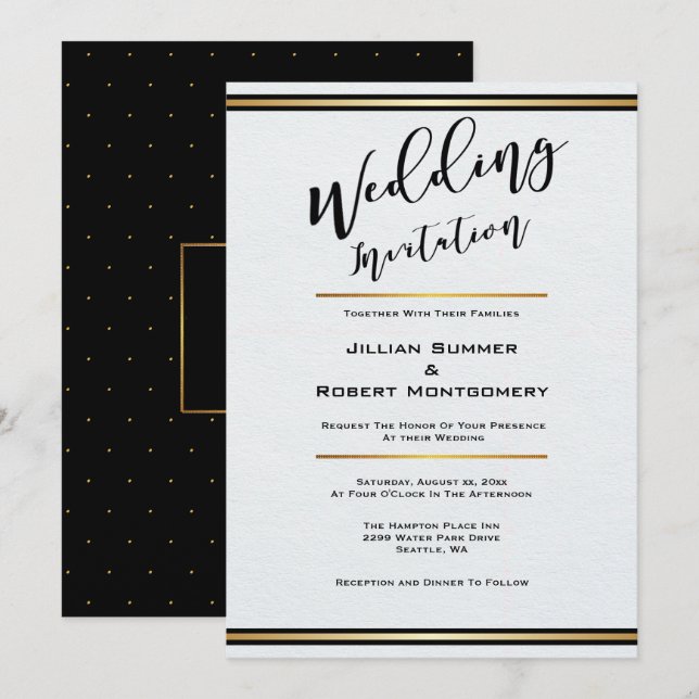 Elegantes Schwarz und Weiß mit goldener Hochzeit Einladung (Vorne/Hinten)