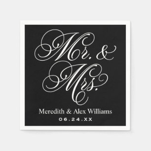 Elegantes Schwarz und Weiß Mr Mrs Hochzeit Serviette