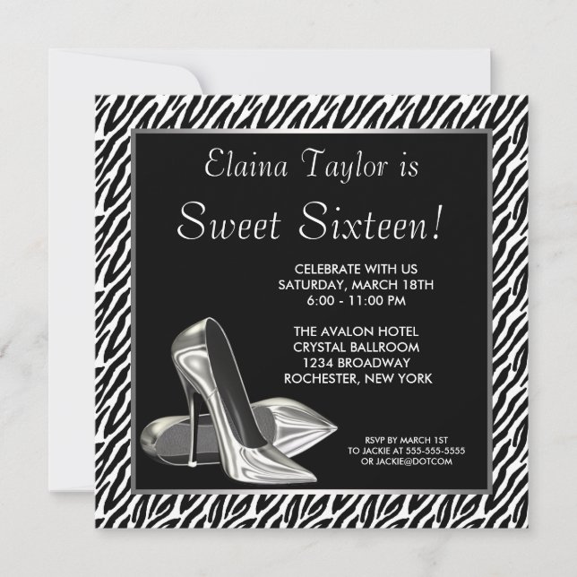 Elegantes Schwarz und Weiß Zebra Sweet 16 Party Einladung (Vorderseite)