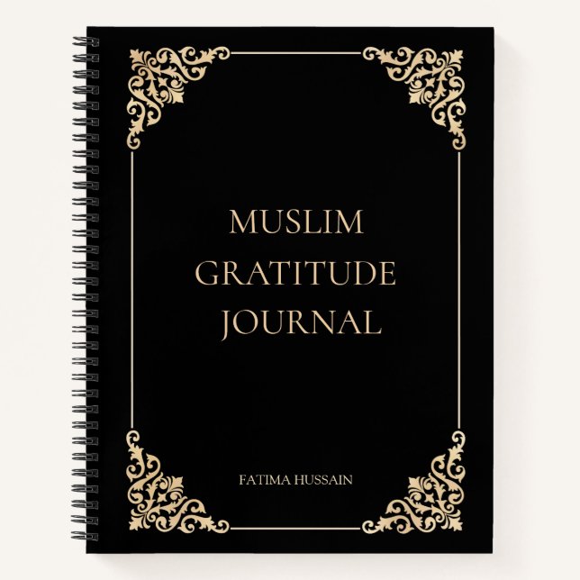 Elegantes Schwarz Vintager muslimischer Dankesblat Notizbuch (Vorderseite)