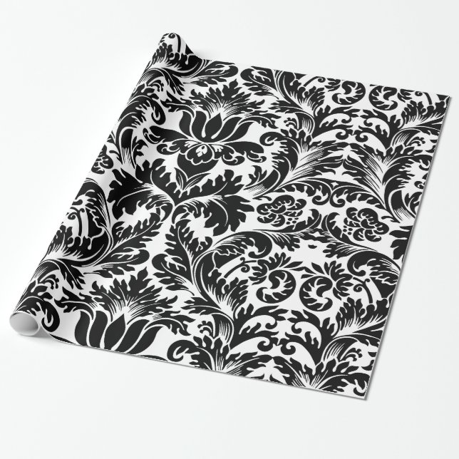 Elegantes Schwarz-Weiß-Barock-Damaskus-Muster Geschenkpapier (Ungerollt)
