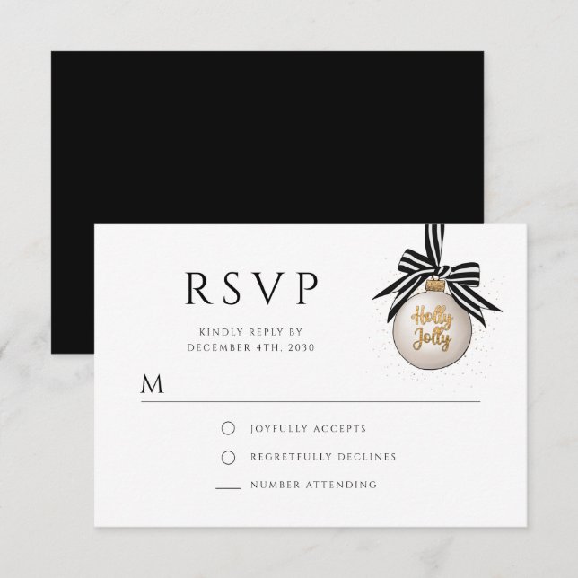 Elegantes Schwarz-weiß Bauble Weihnachtsfest Party RSVP Karte (Vorne/Hinten)