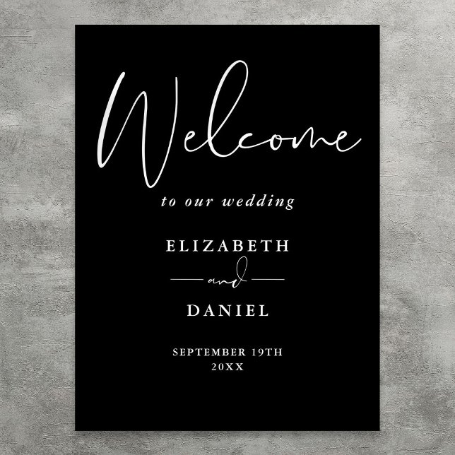 Elegantes Schwarz-Weiß-Begrüßungszeichen Poster (Elegant Black And White Wedding Welcome Sign)
