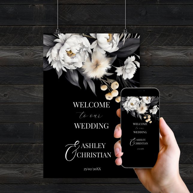 Elegantes Schwarz-Weiß-Begrüßungszeichen Poster (Elegant Black and white boho wedding welcome sign editable template poster digital download)