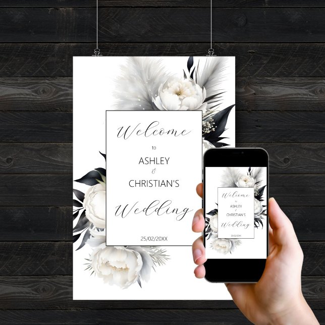 Elegantes Schwarz-Weiß-Begrüßungszeichen Poster (Elegant Black and white peonies boho editable template wedding welcome sign poster digital download)