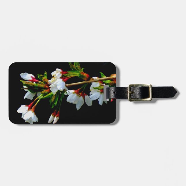 Elegantes, Schwarz-weiß blühendes weißes Blossom Gepäckanhänger (Vorderseite horizontal)