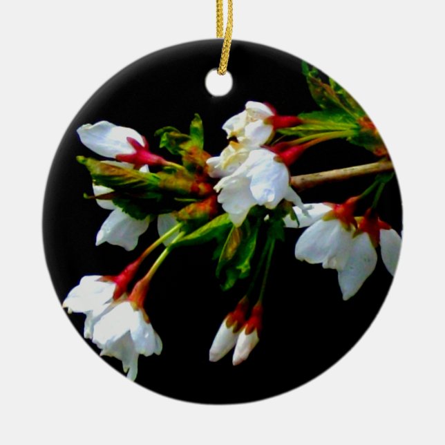 Elegantes, Schwarz-weiß blühendes weißes Blossom Keramikornament (Vorne)