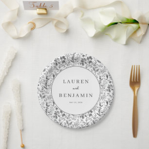 Elegantes Schwarz-Weiß-Blumen-Botanik Pappteller