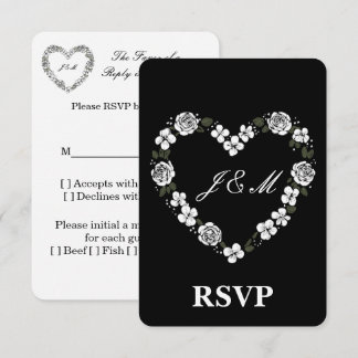 Elegantes Schwarz-Weiß-Blumen-Herz-Hochzeits-RSVP Dankeskarte