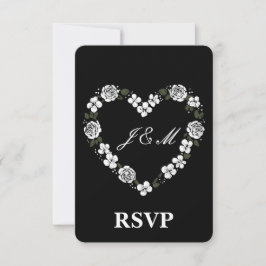 Elegantes Schwarz-Weiß-Blumen-Herz-Hochzeits-RSVP Dankeskarte