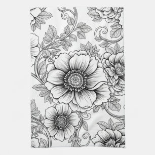 Elegantes Schwarz-Weiß-Blumen-Linienkunstmuster (5 Geschirrtuch