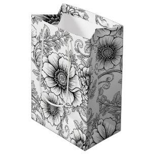 Elegantes Schwarz-Weiß-Blumen-Linienkunstmuster (5 Mittlere Geschenktüte