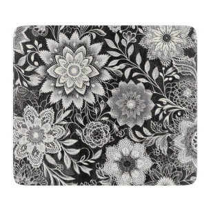 Elegantes Schwarz-Weiß-Blumen-Spitzenmuster Schneidebrett