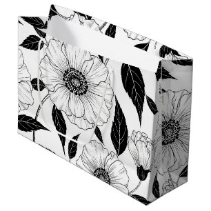 Elegantes Schwarz-Weiß-Blumenlinienkunstmuster (1) Große Geschenktüte