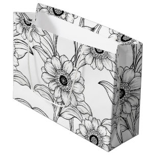 Elegantes Schwarz-Weiß-Blumenlinienkunstmuster (2) Große Geschenktüte