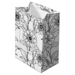 Elegantes Schwarz-Weiß-Blumenlinienkunstmuster (2) Mittlere Geschenktüte