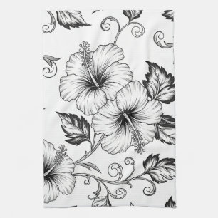 Elegantes Schwarz-Weiß-Blumenlinienkunstmuster (3) Geschirrtuch