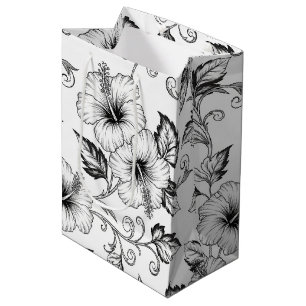 Elegantes Schwarz-Weiß-Blumenlinienkunstmuster (3) Mittlere Geschenktüte