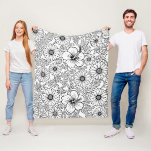 Elegantes Schwarz-Weiß-Blumenlinienkunstmuster (4) Fleecedecke
