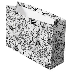 Elegantes Schwarz-Weiß-Blumenlinienkunstmuster (4) Große Geschenktüte