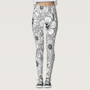 Elegantes Schwarz-Weiß-Blumenlinienkunstmuster (4) Leggings