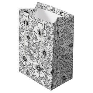 Elegantes Schwarz-Weiß-Blumenlinienkunstmuster (4) Mittlere Geschenktüte