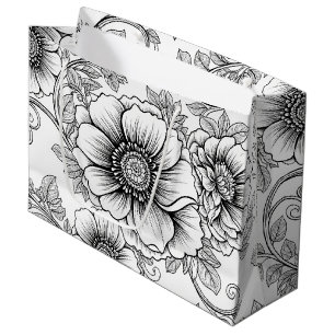 Elegantes Schwarz-Weiß-Blumenlinienkunstmuster (5) Große Geschenktüte