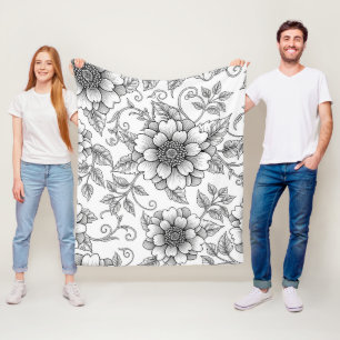 Elegantes Schwarz-Weiß-Blumenlinienkunstmuster (7) Fleecedecke