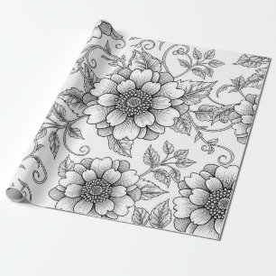Elegantes Schwarz-Weiß-Blumenlinienkunstmuster (7) Geschenkpapier