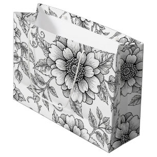 Elegantes Schwarz-Weiß-Blumenlinienkunstmuster (7) Große Geschenktüte