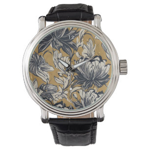Elegantes Schwarz-Weiß-Blumenmuster auf Senfgold Armbanduhr
