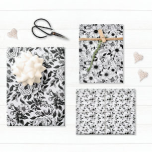 Elegantes Schwarz-Weiß-Blumenmuster Geschenkpapier Set