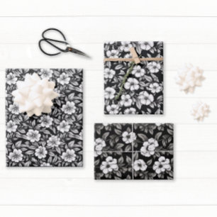 Elegantes Schwarz-Weiß-Blumenmuster Geschenkpapier Set