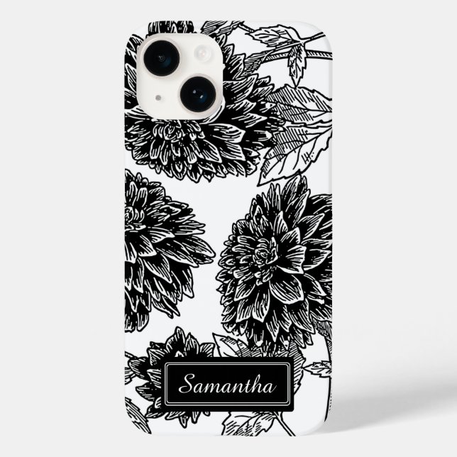 Elegantes Schwarz-Weiß Dahlia Personalisiert Case-Mate iPhone 14 Hülle (Rückseite)