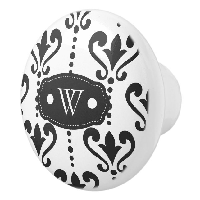 Elegantes Schwarz-Weiß-Damask-Monogramm Keramikknauf (Rechts)