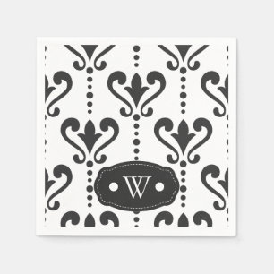 Elegantes Schwarz-Weiß-Damask-Monogramm Serviette