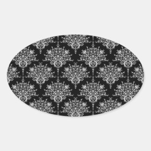 Elegantes Schwarz-Weiß-Damaskus-Muster Ovaler Aufkleber