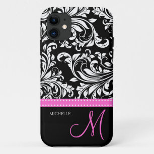 Elegantes Schwarz-Weiß-Damast-Muster mit Monogramm iPhone 11 Hülle