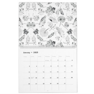 Elegantes Schwarz-Weiß-Design mit Blumendarstellun Kalender
