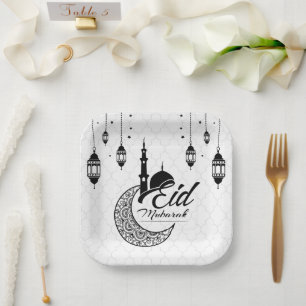 Elegantes Schwarz-Weiß-Eid Mubarak Pappteller