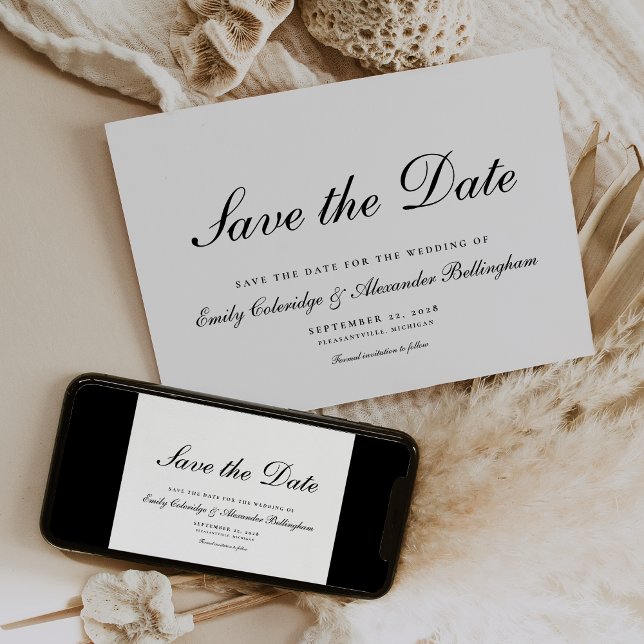 Elegantes Schwarz-Weiß-Formalskript Save The Date (Von Creator hochgeladen)