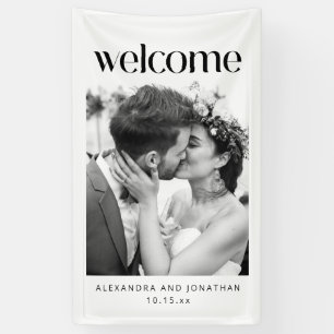 Elegantes Schwarz-Weiß-Foto-Hochzeits-Willkommen  Banner