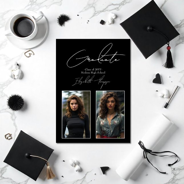 Elegantes Schwarz-Weiß-Foto Moderner Abschluss Ankündigung (Elegant Black and White Modern Graduation Photo Announcement)
